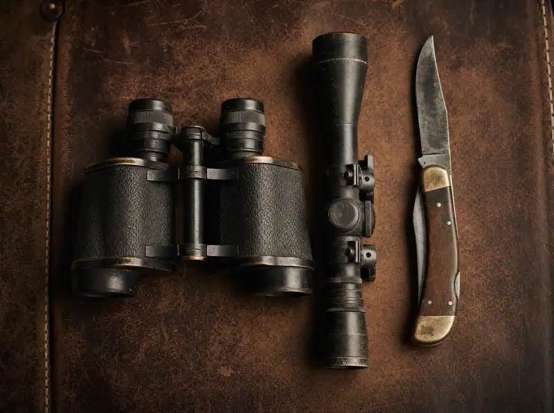 Fernglas, Zielfernrohr und Jagdmesser von oben auf abgenutztem braunem Leder