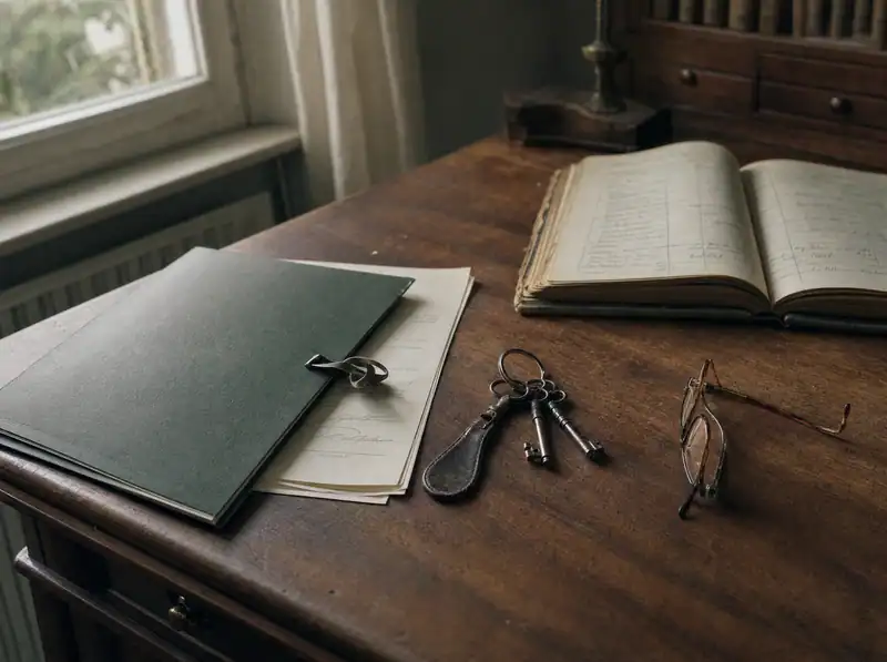 Schreibtisch mit Vertragsmappe, Hausschlüsseln, Inventarbuch und Lesebrille