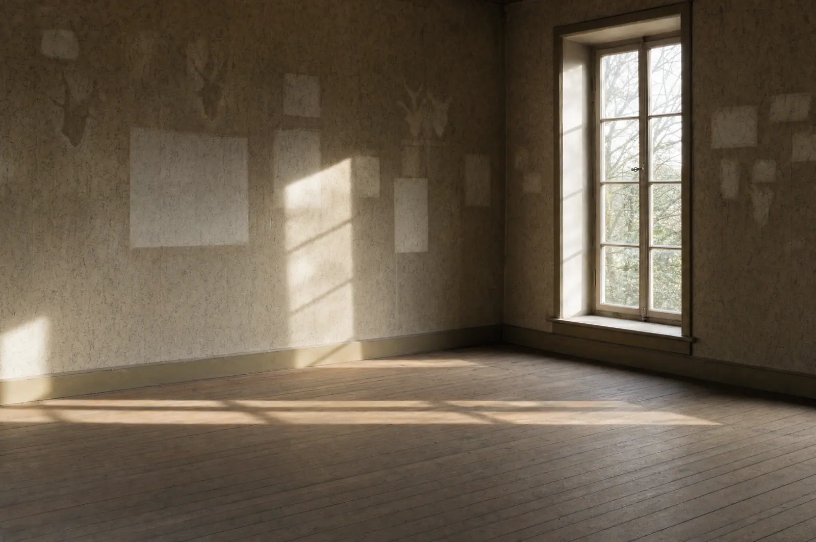 Leergeräumtes, besenrein hinterlassenes Zimmer eines alten Hauses; an der Tapete zeichnen sich die helleren Umrisse abgenommener Trophäen ab